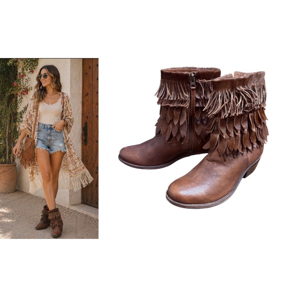 Sheridan/Mia Brown Leather Fringe Ankle Boots Western Boho Festival sz 37
